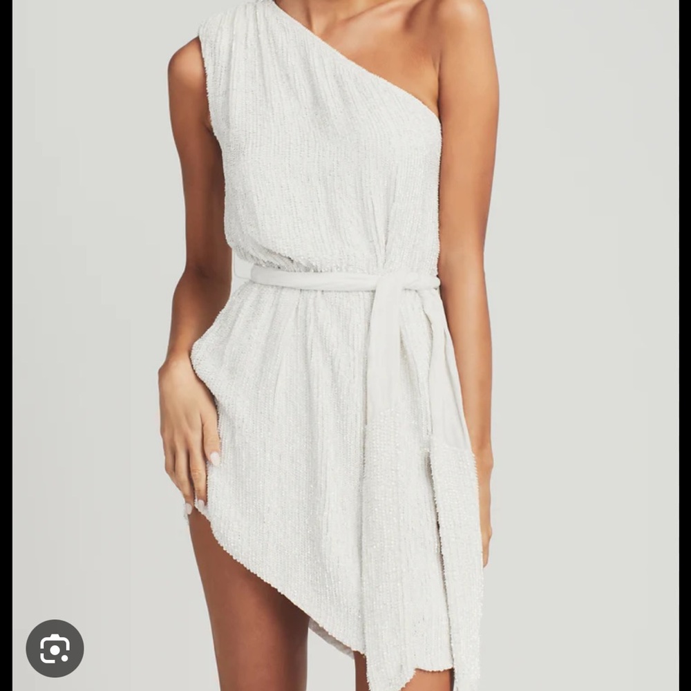 RETROFETE ELLA One Shoulder White Sequin Mini Tie Belt Waist Dress in Moonglow